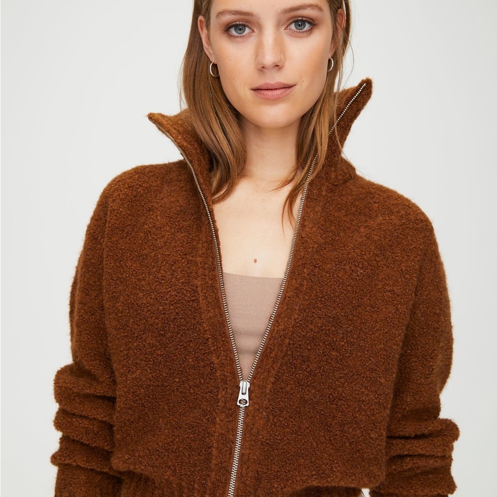 Aritzia Wilfred Free Zip Up Sweater Brown Funnel Neck size Small